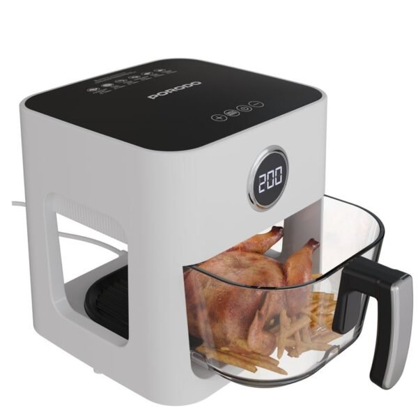 مقلاة هوائية من Prodo زجاجية كاملة سعة 5 لتر مع سلة قابلة للفتح ودوران هواء توربو - أبيض