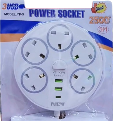 موزع كهربائي بقوة 2500 وات بطول 3 ممتر 5 فتحات 220 , 2USB , 1USB-C , ابيض
