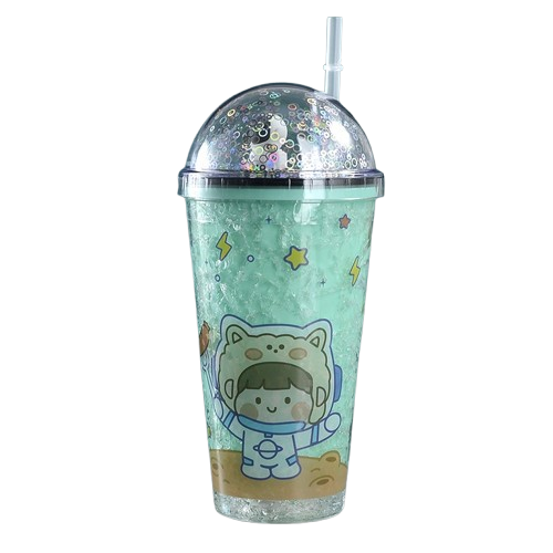 بوتل فاشون , زجاجة مياه لرائد الفضاء بطبقتين مع كوب ثلج للشرب مع ماصة , اخضر