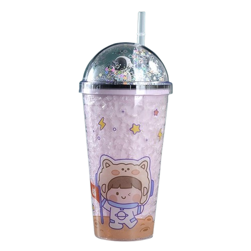 بوتل فاشون , زجاجة مياه لرائد الفضاء بطبقتين مع كوب ثلج للشرب مع ماصة , وردى