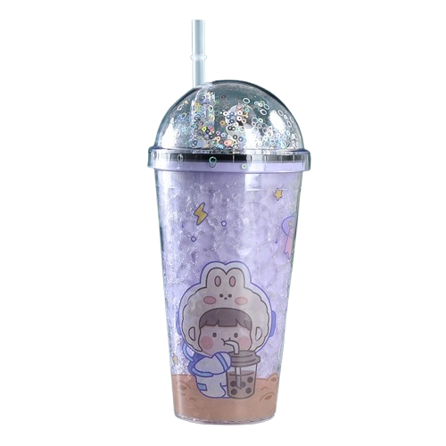 بوتل فاشون , زجاجة مياه لرائد الفضاء بطبقتين مع كوب ثلج للشرب مع ماصة , بنفسجى