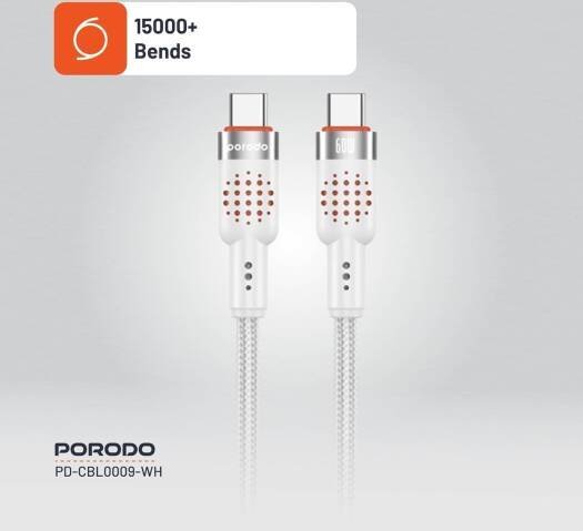 كابل ألومنيوم مضفر من بورودو USB-C إلى USB-C بطول 1.2 متر شحن سريع PD بقوة 60 وات , ابيض