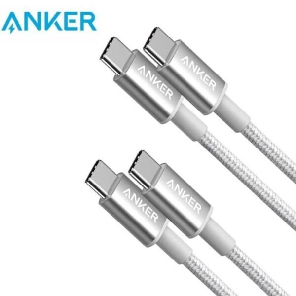 2 كيبل Anker New Nylon USB C إلى USB C (60 واط، عبوة من قطعتين)، USB 2.0 Type C بطول 90سم , فضي