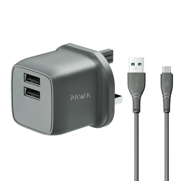 شاحن سفر PocketMini ثنائي USB بمعيار المملكة المتحدة UAB-A إلى كابل Micro