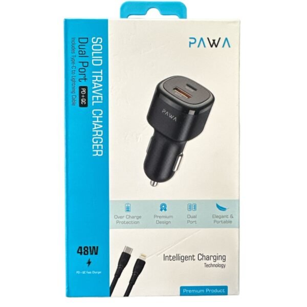 شاحن سفر PAWA SOLID PD 30W بمنفذين PD+QC يتضمن كابل Type-C إلى Lightning