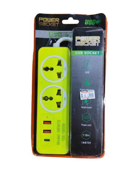 موزع كهرباء 2 منفذ 220 فولت , 2 منفذ USB , منفذ Typ-c , لون اخضر