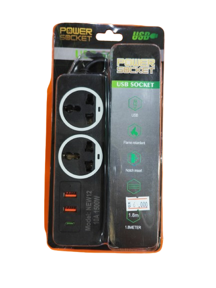 موزع كهرباء 2 منفذ 220 فولت , 2 منفذ USB , منفذ Typ-c , لون اسود