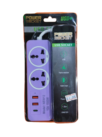 موزع كهرباء 2 منفذ 220 فولت , 2 منفذ USB , منفذ Typ-c , لون بنفسجى