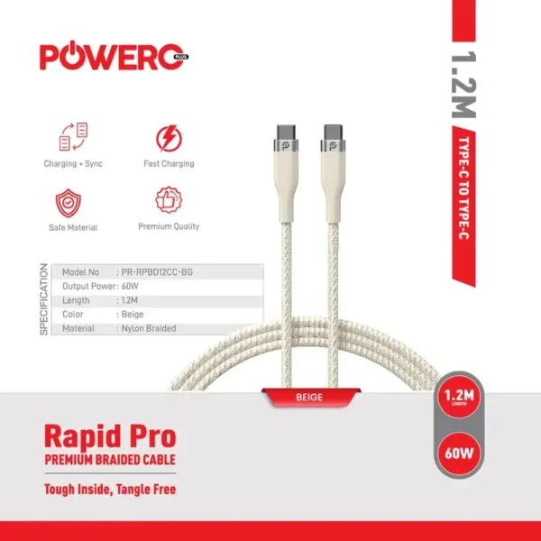 كابل PowerO+ Rapid Pro Premium المضفر USB-C إلى USB-C بقوة 60 وات