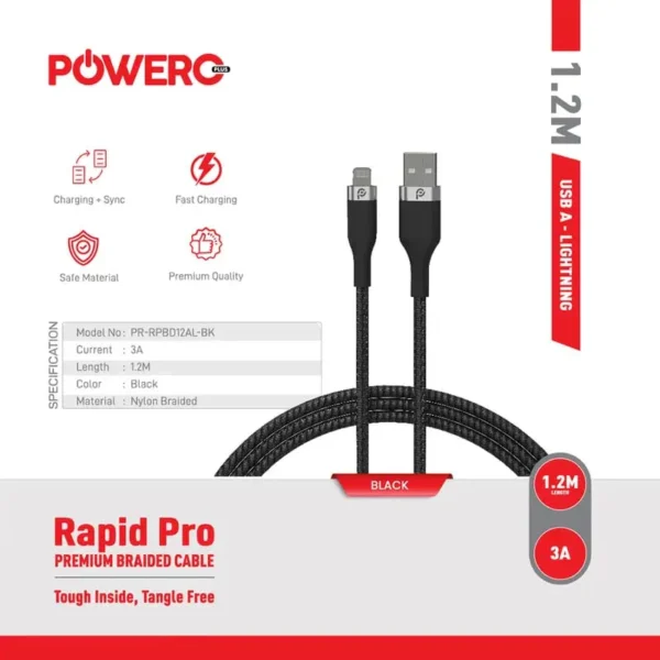 كابل PowerO+ Rapid Pro Premium المضفر من USB-A إلى Lightning