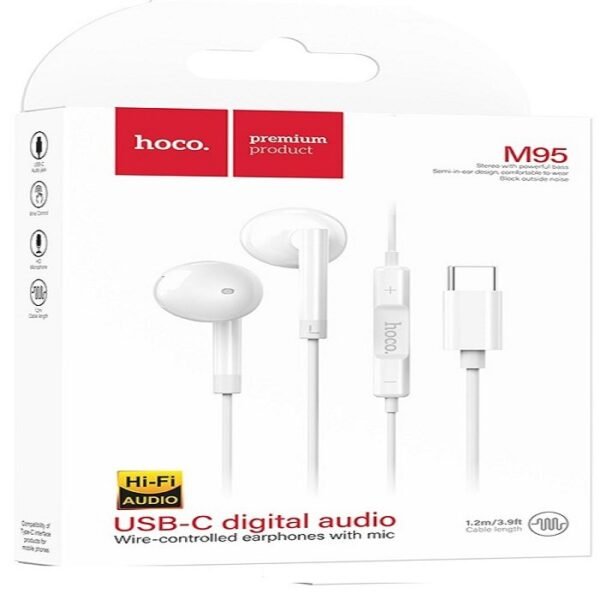 سماعات سلكية HOCO M95 ديجيتال، تايب سي، 1.2 متر، ابيض